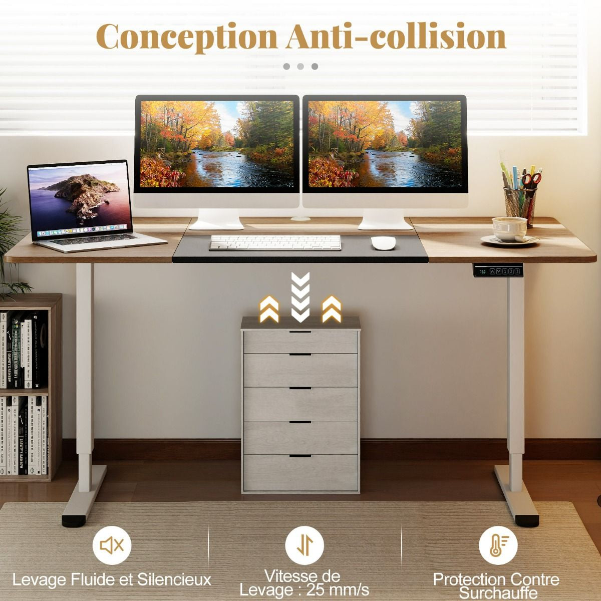 Bureau Debout Électrique 140X70Cm Bureau Réglable En Hauteur Bureau Ergonomique Avec Mémoire Des Hauteurs Trou Pour Câble Beige