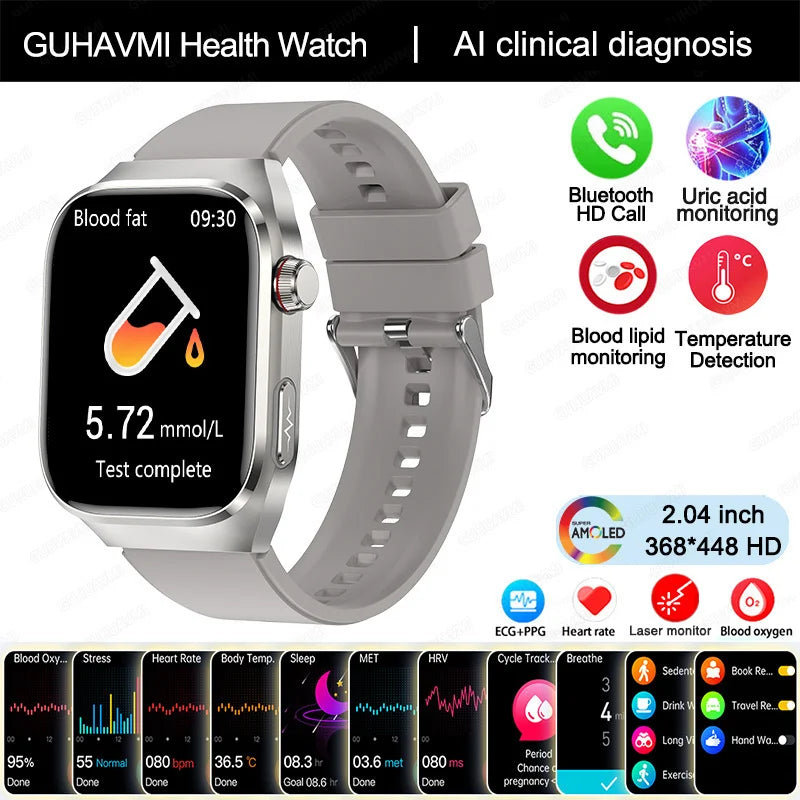 2025 New Uric Acid Blood Fat Smart Watch Men ECG+PPG Pulse Blood Pressure Bluetooth Call Sports Laser Care Health Tracking Watch