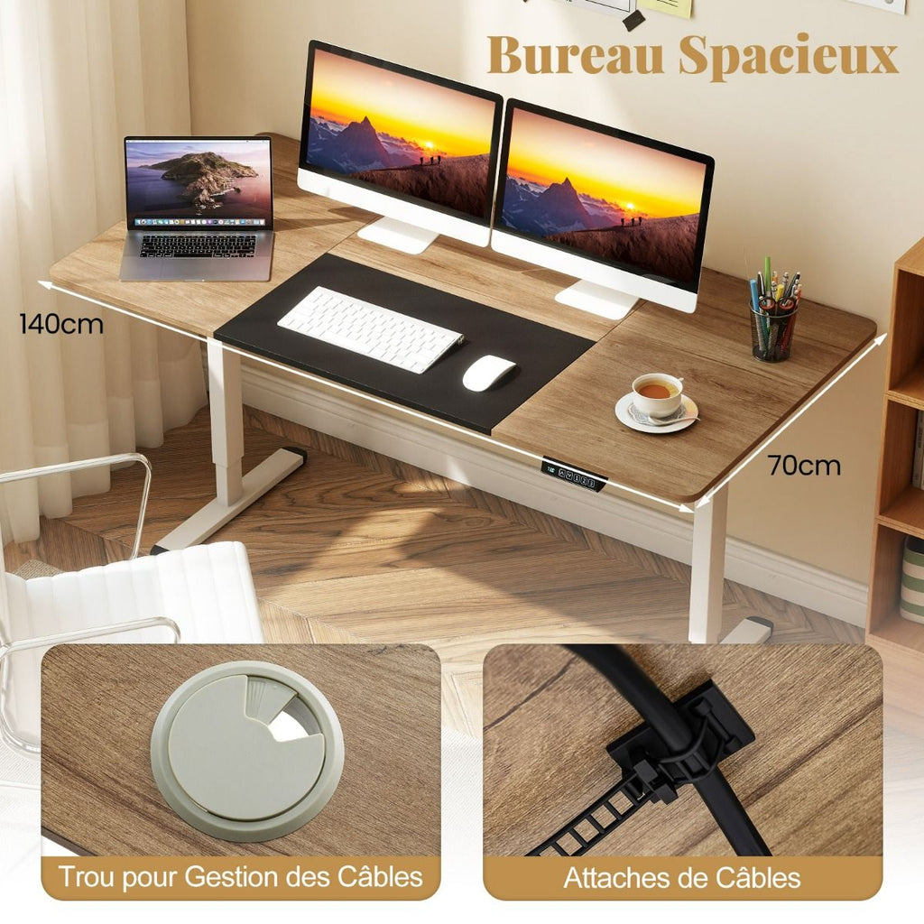 Bureau Debout Électrique 140X70Cm Bureau Réglable En Hauteur Bureau Ergonomique Avec Mémoire Des Hauteurs Trou Pour Câble Beige