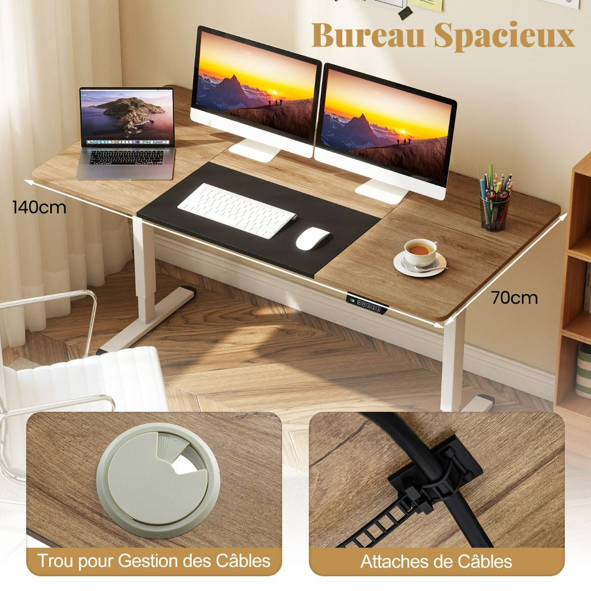 Bureau Debout Électrique 140X70Cm Bureau Réglable En Hauteur Bureau Ergonomique Avec Mémoire Des Hauteurs Trou Pour Câble Beige