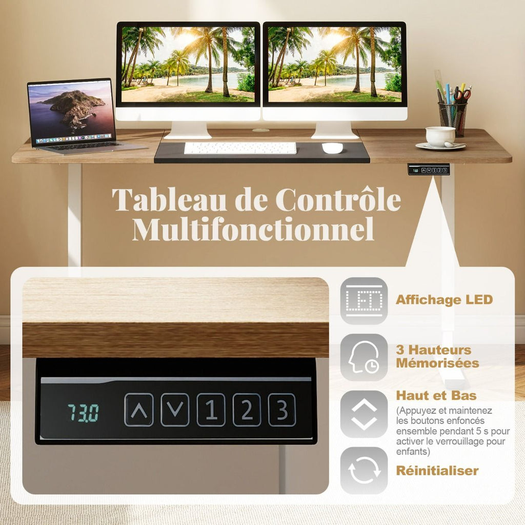 Bureau Debout Électrique 140X70Cm Bureau Réglable En Hauteur Bureau Ergonomique Avec Mémoire Des Hauteurs Trou Pour Câble Beige